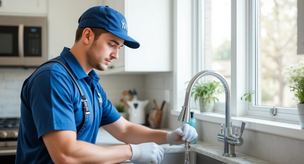 Professional plumber fixing kitchen sink in Austin TX home – expert plumbing service