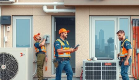 Licensed HVAC technicians servicing air conditioning and heating units at residential and commercial buildings in Austin, Texas.