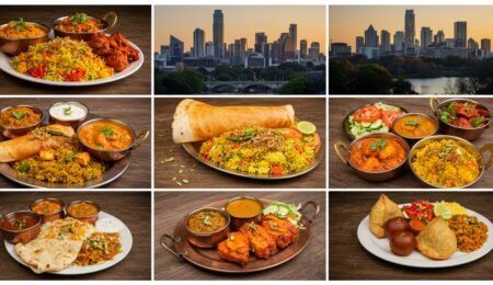 Authentic Indian dishes like biryani, dosa, butter chicken, and naan served on a traditional platter with the Austin, TX skyline in the background. Top 10 Best Indian Foods in Austin TX