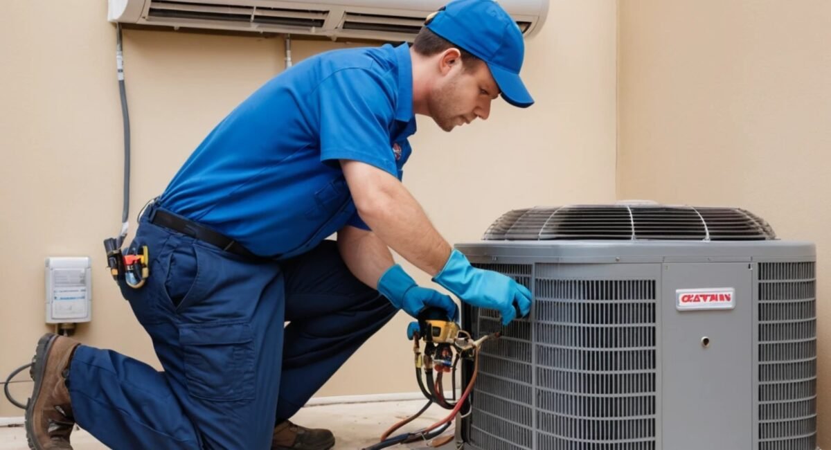 Best HVAC Company in Austin - HVAC technician repairing air conditioning unit in an Austin home