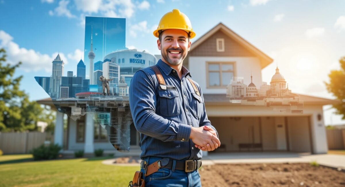 Confident contractor shaking hands with homeowner in front of a modern Texas home under construction, with Texas state outline and iconic city landmarks like Houston skyline, Dallas Cowboys Stadium, Austin Capitol, and San Antonio River Walk in the background, including tools such as hammer, blueprint, and hard hat under a bright sunny sky.