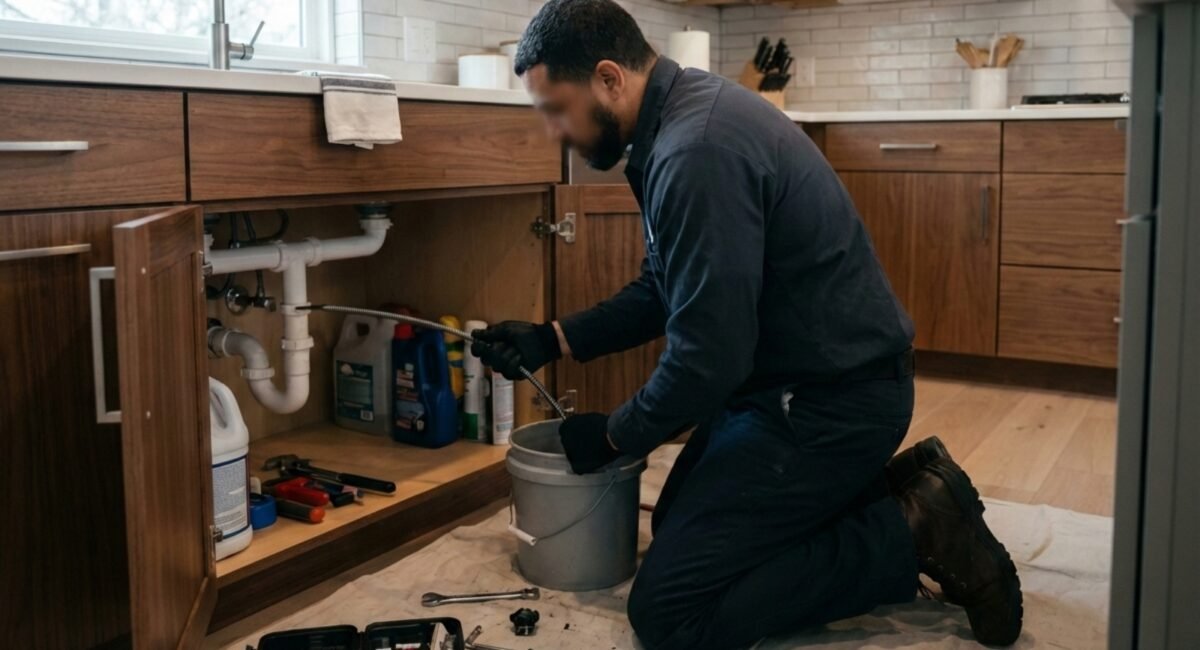 Professional drain cleaning being performed in a residential Texas home using plumbing tools