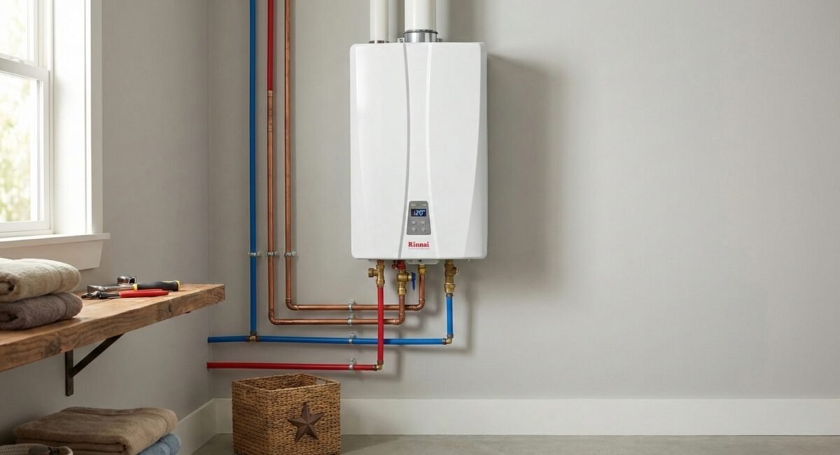 Modern tankless hot water heater installed in a residential home with wall mounted design and plumbing connections