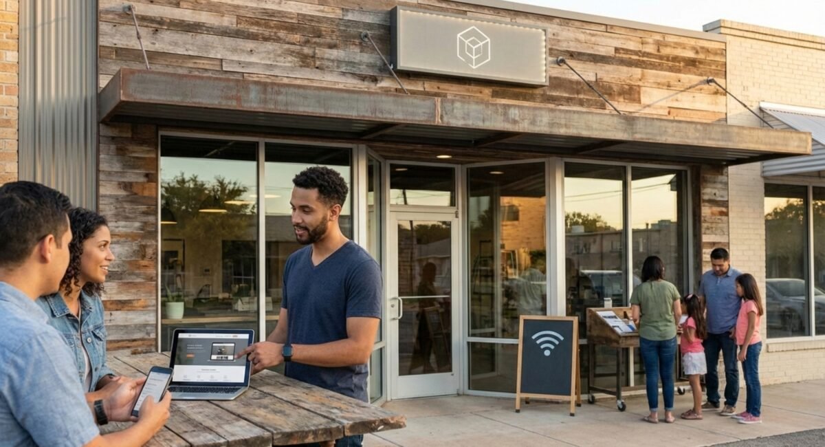 Small business storefront in Texas with customers outside and digital marketing elements