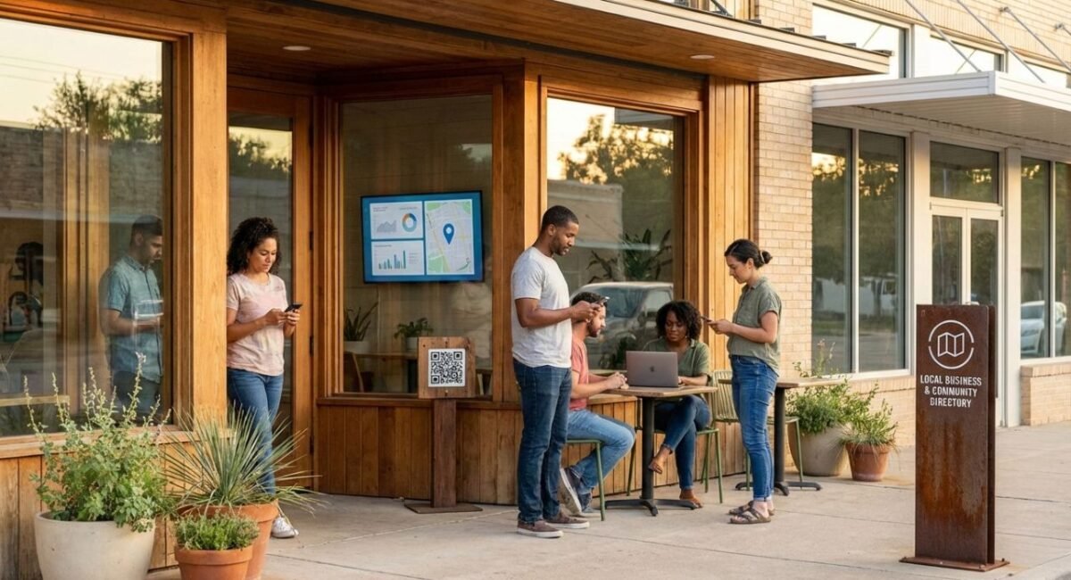 Small Texas business storefront with digital marketing elements showing local online presence