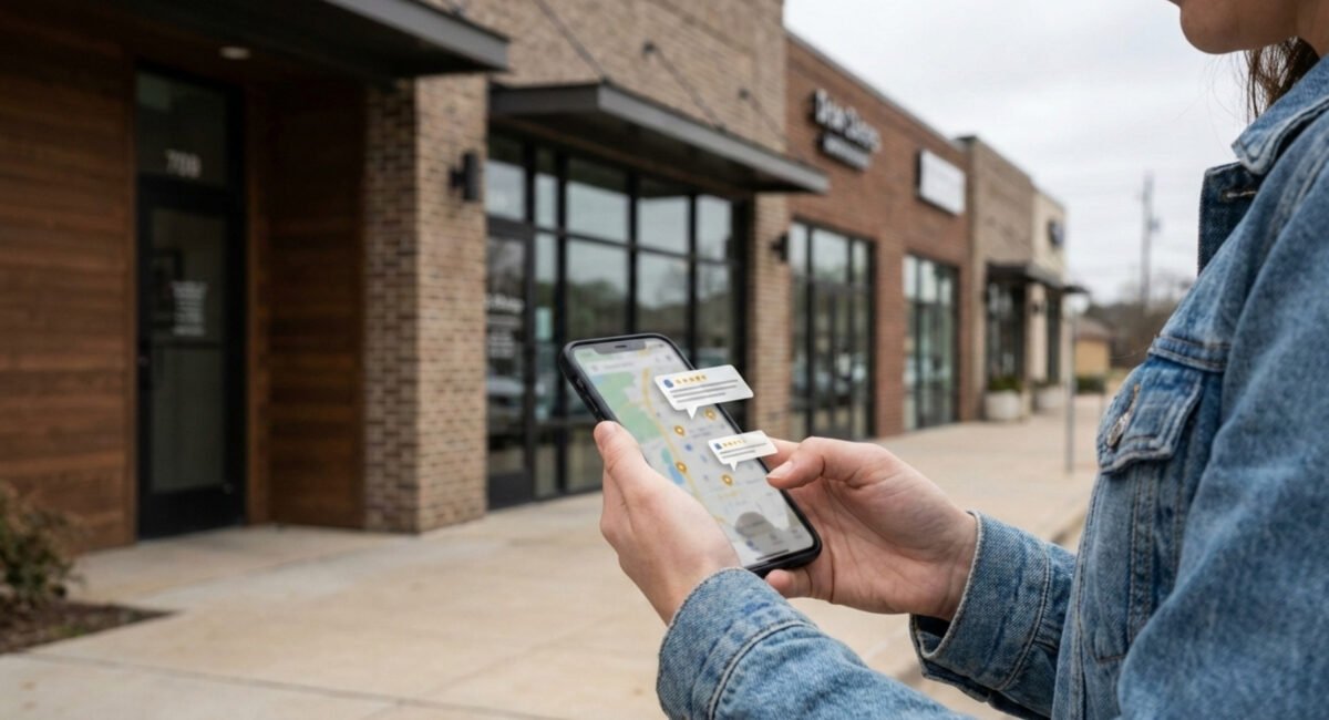 Texas shopper searching for trusted local businesses on a smartphone