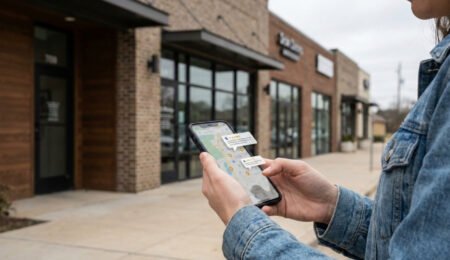 Texas shopper searching for trusted local businesses on a smartphone