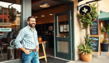 Texas startup founder building trust with local customers outside a small business
