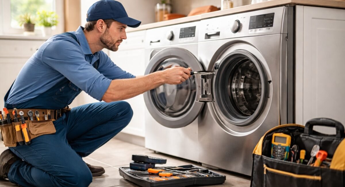 Professional appliance repair technician fixing a washing machine in a modern home in Texas
