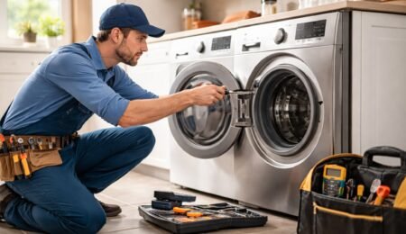 Expert appliance repair services in Texas helping homeowners fix washing machines and other household appliances efficiently Professional appliance repair technician fixing a washing machine in a modern home in Texas