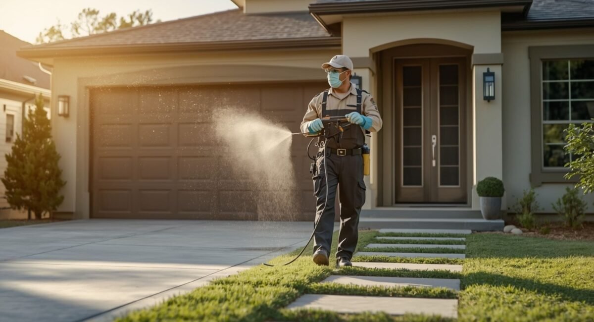 Professional pest control technician spraying treatment outside a house in Austin Texas