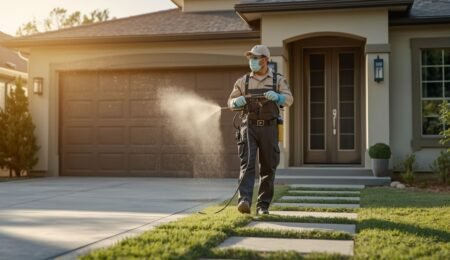Professional pest control technician spraying treatment outside a house in Austin Texas
