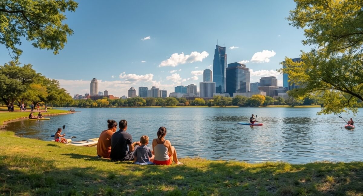 Family enjoying a sunny day at Lady Bird Lake in Austin, Texas, with paddleboarding, walking, and a view of the city skyline.